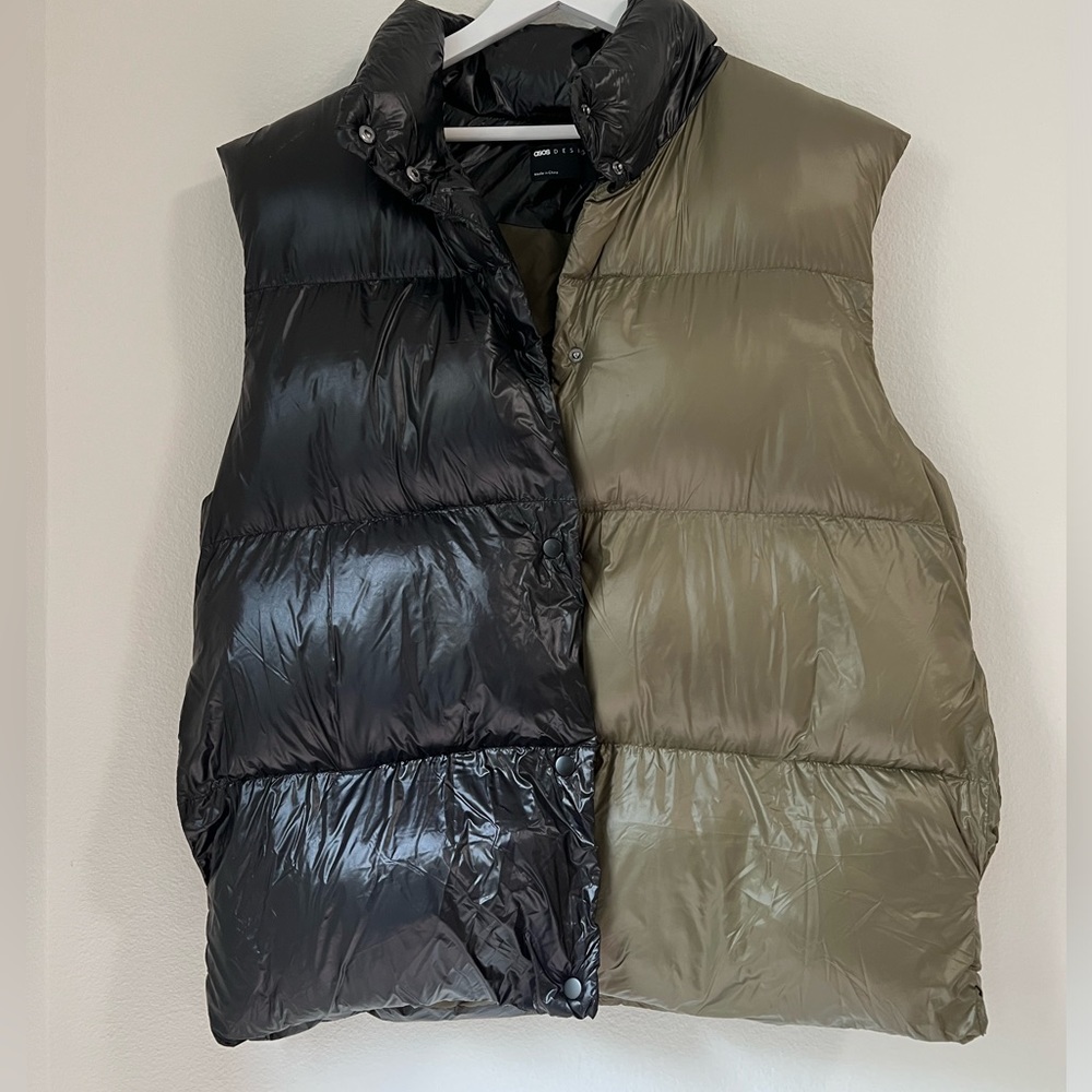 ASOS DESIGN Tall hi-shine spliced vest in black and khaki